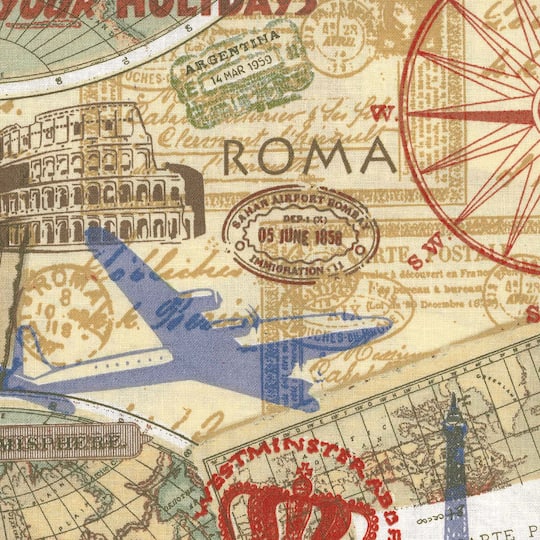 Fabric Traditions Travel Stamps Cotton Fabric